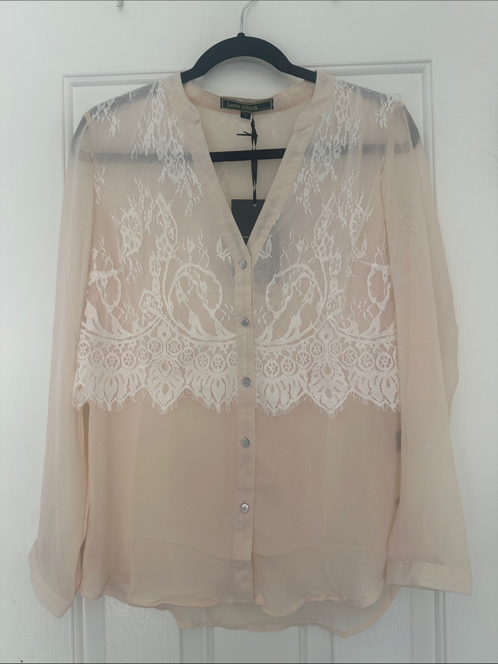 Love Stitch Beige Sheer Button-Down Blouse with White Lace